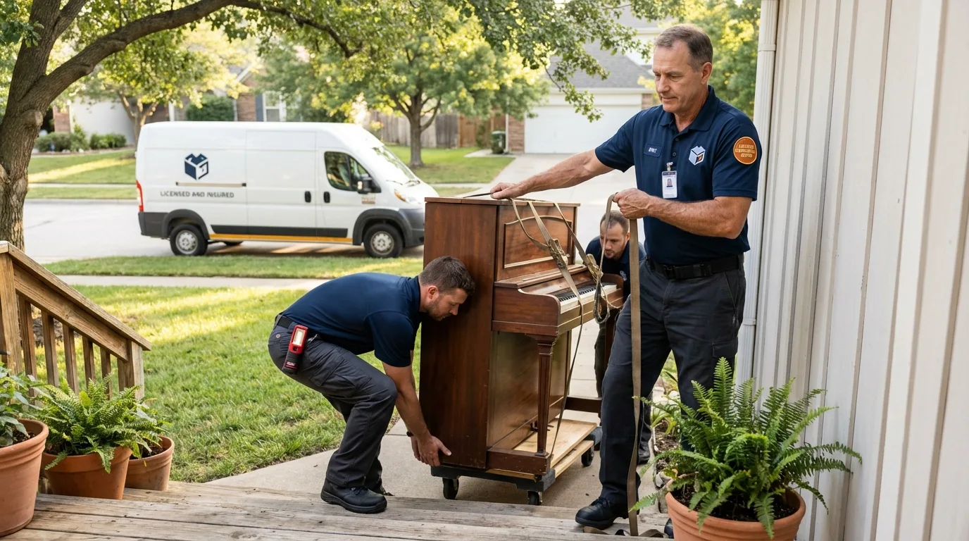 Licensed piano movers securing grand piano in Boonville, CA