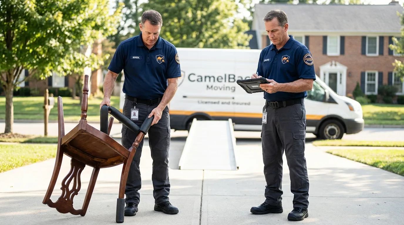 Movers inspecting furniture for damage prevention before loading in Boonville, CA